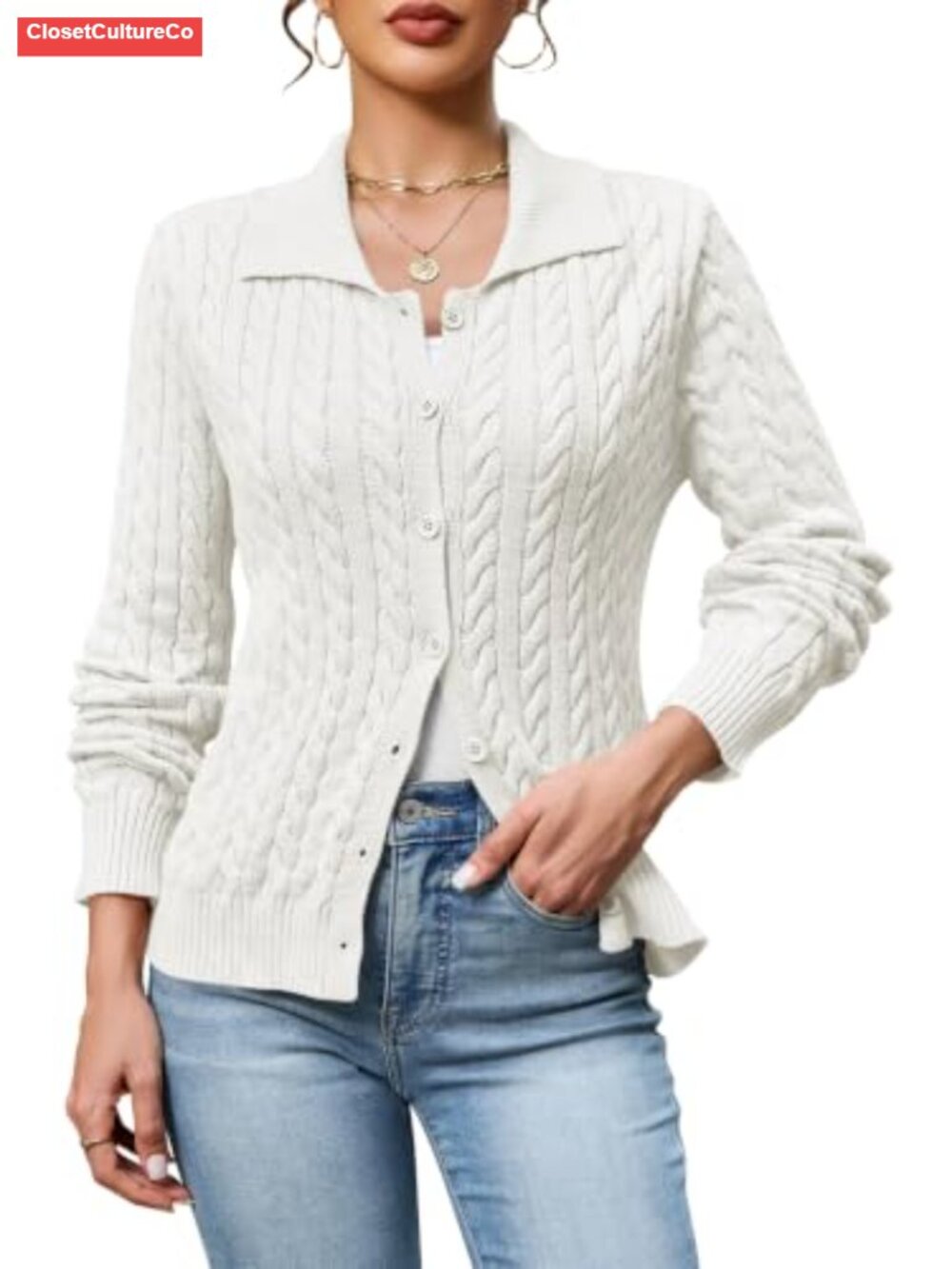 Cable Knit Button Up Cardigan Sweater Collared Long Sleeve Lightweight